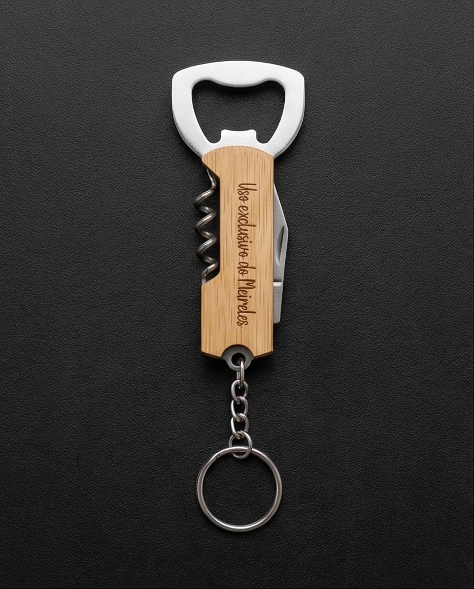 Saca-Rolhas Personalizado Multifunções com Abridor, Canivete e Porta-Chaves em Bambu