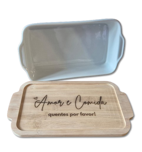 Bandeja de Bambu Personalizável com Travessa de Cerâmica