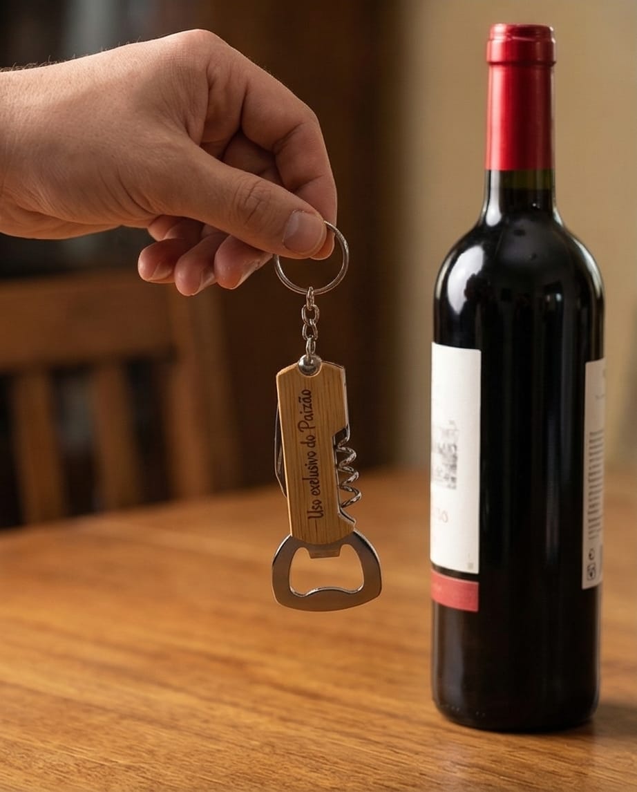 Saca-Rolhas Personalizado Multifunções com Abridor, Canivete e Porta-Chaves em Bambu