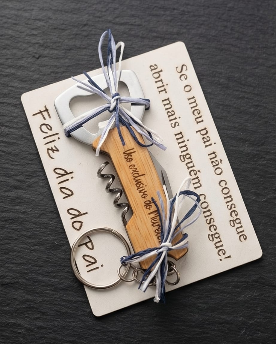 Saca-Rolhas Personalizado Multifunções com Abridor, Canivete e Porta-Chaves em Bambu