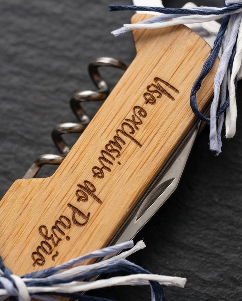 Saca-Rolhas Personalizado Multifunções com Abridor, Canivete e Porta-Chaves em Bambu